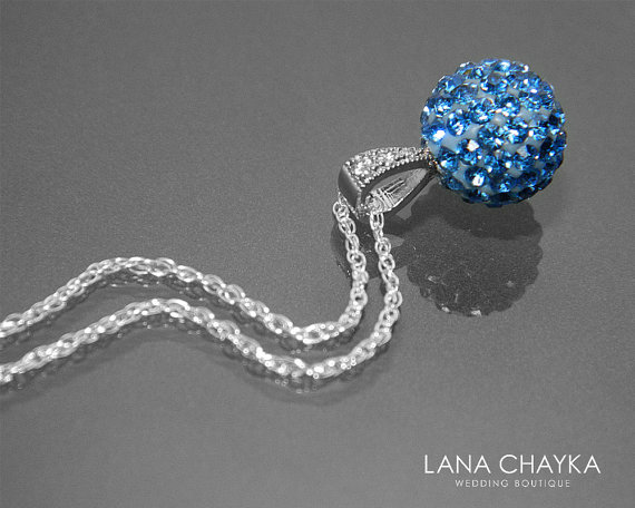 Mariage - Blue Crystal Ball Necklace Light Blue Sterling Silver Necklace Wedding Aqua Blue Crystal Necklace 10mm Fire Crystal Ball Silver Necklace