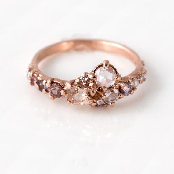 Wedding - Pink Champagne Cluster Engagement Ring In 14k Rose Gold - Rose Cut White Diamond, Pearl, Champagne Diamond, Sapphire, Zircon Engagement Ring
