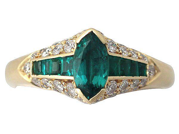 Wedding - 0.75 Ct Emerald And 0.59 Ct Diamond, 18 Ct Yellow Gold Dress Ring - Vintage Circa 1980