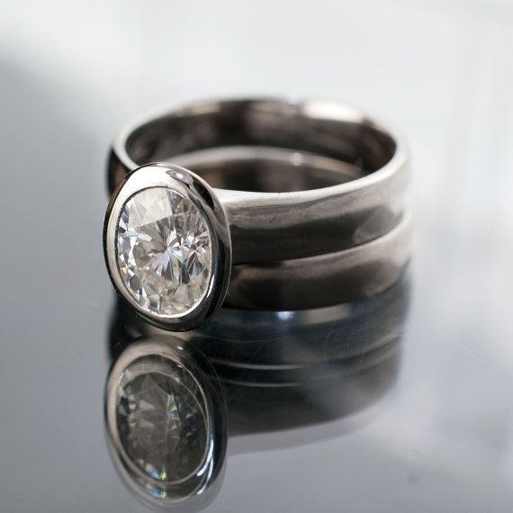 زفاف - Bridal Ring Set Oval Moissanite Bezel Ring, Solitaire Engagement Ring And Wedding Band In Palladium, Platinum, White Gold, Yellow, Rose Gold