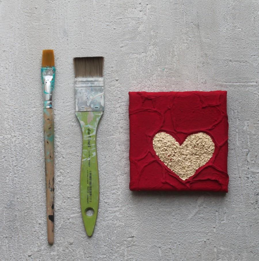 زفاف - Red heart, gold leaf, acrylic painting, 4x4, Heart painting, contemporary art, original painting, abstract, impasto painting, love, 