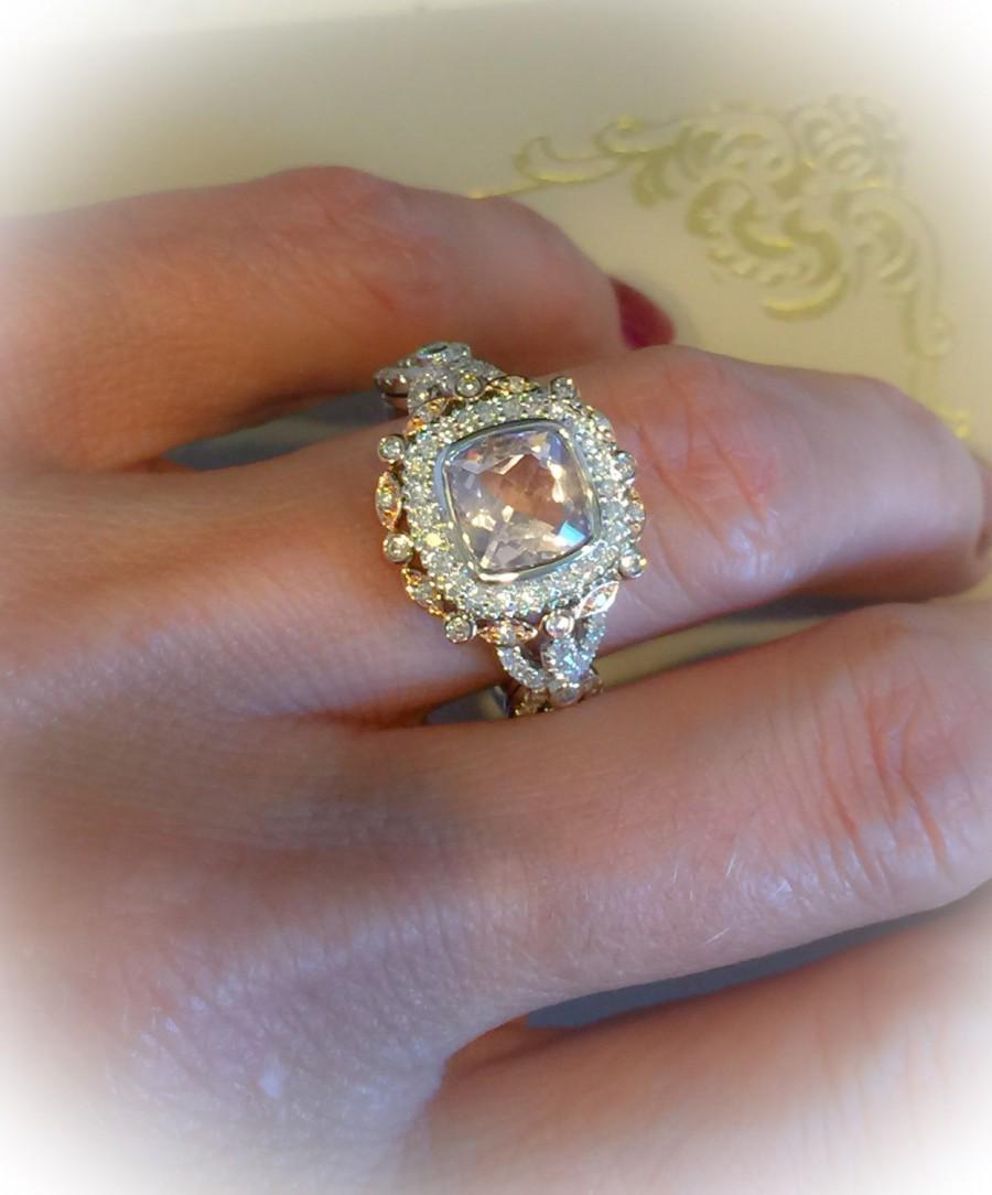 Hochzeit - Morganite Engagement Ring Cushion Cut 2.02tw 18k White & Rose Gold Diamond Halo Vintage Morganite Wedding Ring Fashion Ring