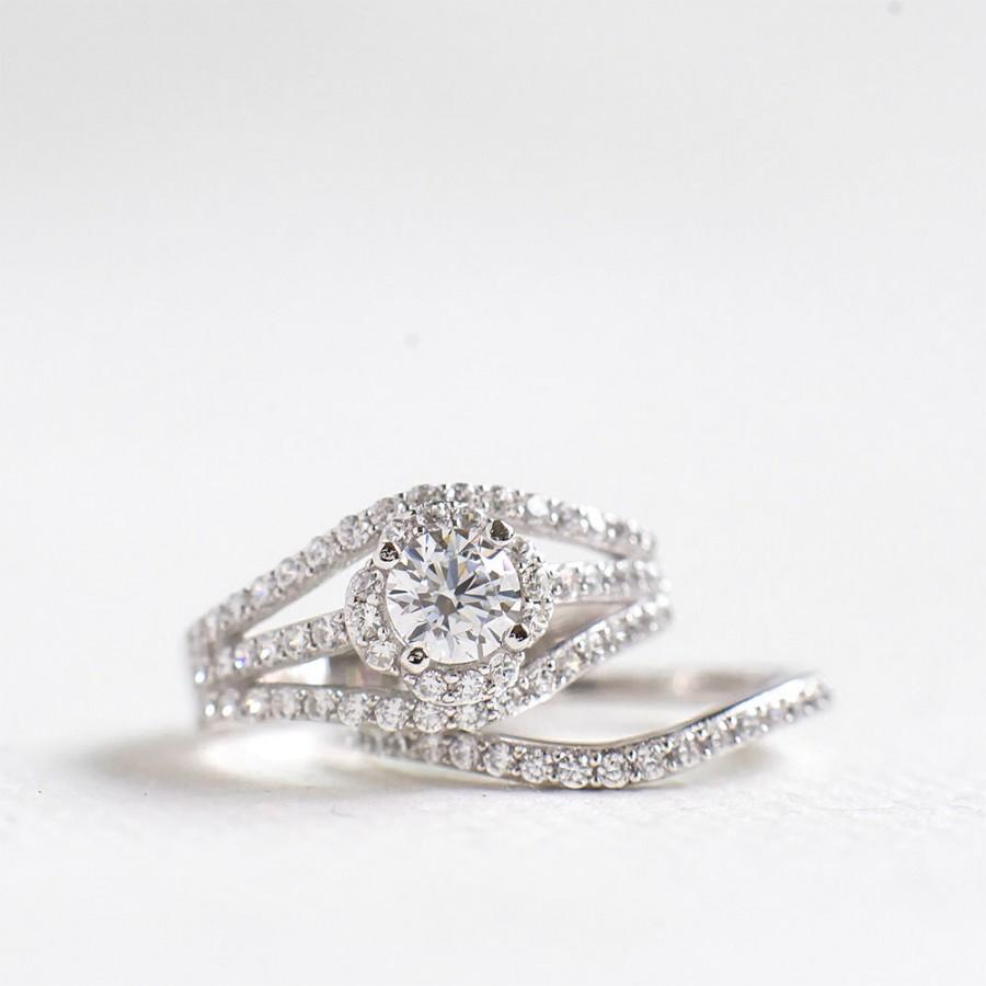 Свадьба - Round Cut Engagement Ring - CZ Diamond Wedding Ring Set - Double Band - Sterling Silver Ring Set - Cubic Zirconia Engagement Ring Set-A42