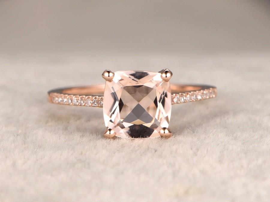 Wedding - 8mm Cushion Morganite Engagement ring,14k Rose gold,Diamond wedding band,Gemstone Promise Ring,Bridal Ring,Thin band,Stacking,ball prongs