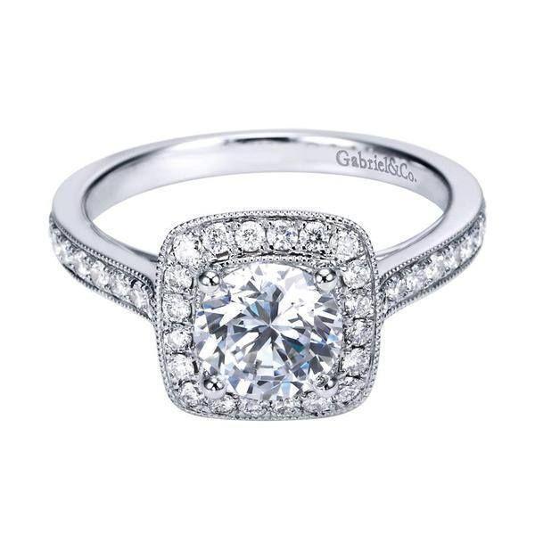 زفاف - 14K White Gold 1.48cttw Bead Set Cushion Shaped Halo Round Diamond Engagement Ring