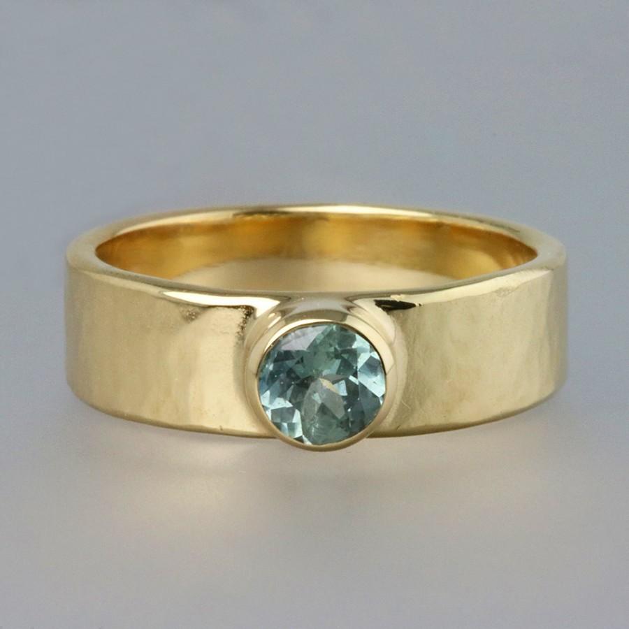 Wedding - Yellow Gold Hammered Artifact Ring with Blue Green Sapphire - Teal Sapphire - Womens Wide Ring - Alternative Engagement Ring - READY TO SHIP