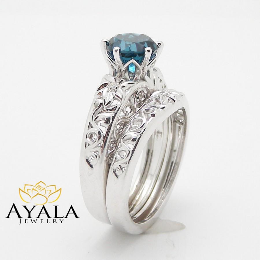 Свадьба - Blue Topaz Engagement Ring Set Unique Topaz Ring with Matching Band 14K White Gold Engagement Rings