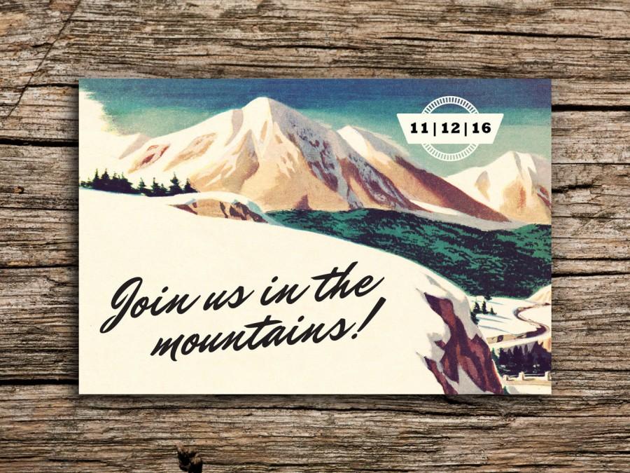 Hochzeit - Retro Mountain Save the Date Vintage Postcard // Colorado Wedding Mountain Postcard Invitation Outdoors Wedding Invitation Retro Ski Lodge