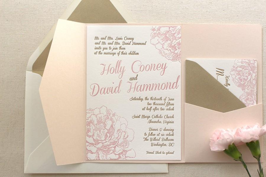 Wedding - The Peony Suite - Modern Letterpress Wedding Invitation Suite, Gold, Blush Pink, flower, Calligraphy, Script, liner, Simple, Classic, pocket