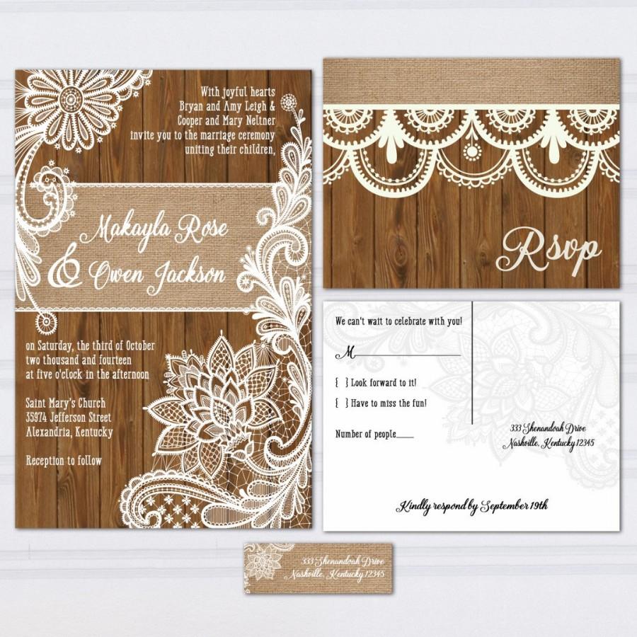 زفاف - Wood Lace Wedding Invitation Suite, Burlap and Lace, Wood Panel Look Wedding Invitations, Rustic Wedding Invites, Outdoor Wedding, Country