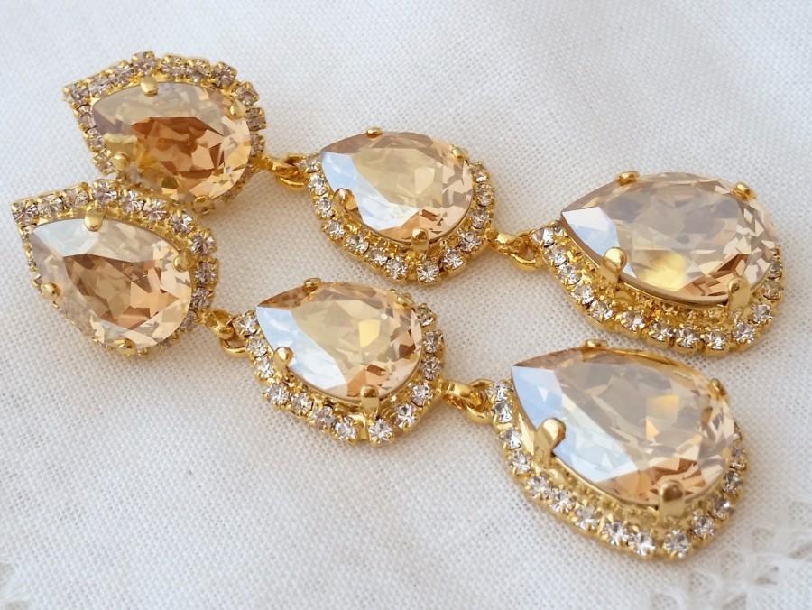 Hochzeit - Champagne LONG Chandelier earrings, Crystal Dangle earrings, Drop earrings, Swarovski halo Bridal earrings, Bridesmaid gift, Gold or Silver