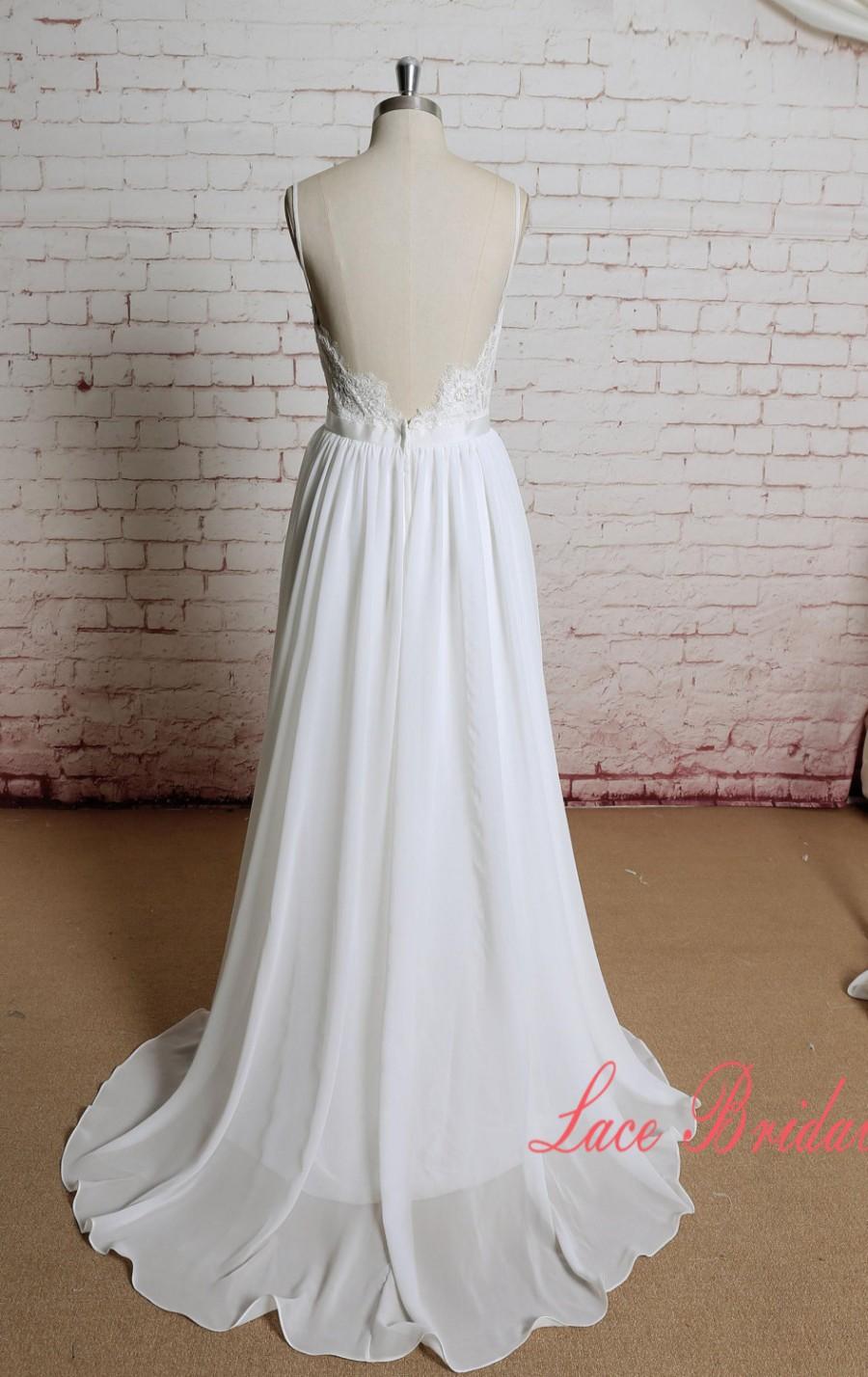 Hochzeit - Backless Ivory Chiffon A Line Wedding Dress with Spaghetti Straps