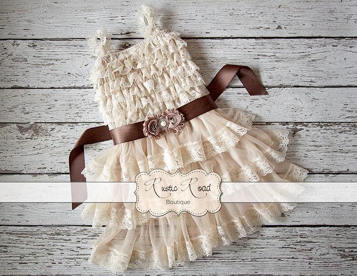 Mariage - Rustic Flower Girl Dress, Country Flower Girl Dresses, Baby Girl Vintage Dress, Ivory Flowergirl Dress, Lace Ruffle Dress -CHOOSE SASH COLOR