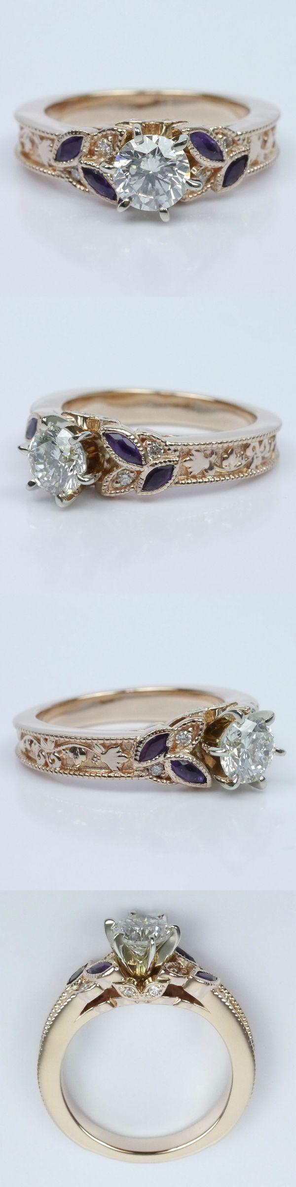 Mariage - Vintage Diamond And Amethyst Floral Engagement Ring