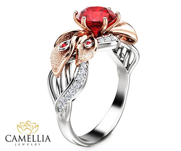 Wedding - Floral Ruby Engagement Ring in 14k Two Tone Gold Calla Lily Natural Ruby Ring 1ct Ruby Diamond Ring