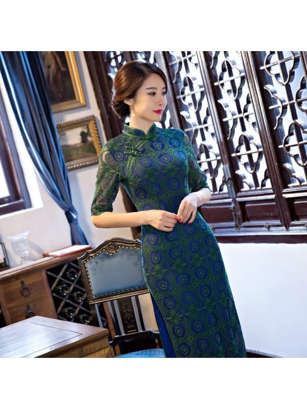 Mariage - 2017 Autumn Season Half Sleeve Long Cheongsam/Qipao Slim Modified Fashion Lace Stand Collar High Slit Long Cheongsam/Qipao - Cntraditionalchineseclothing.com