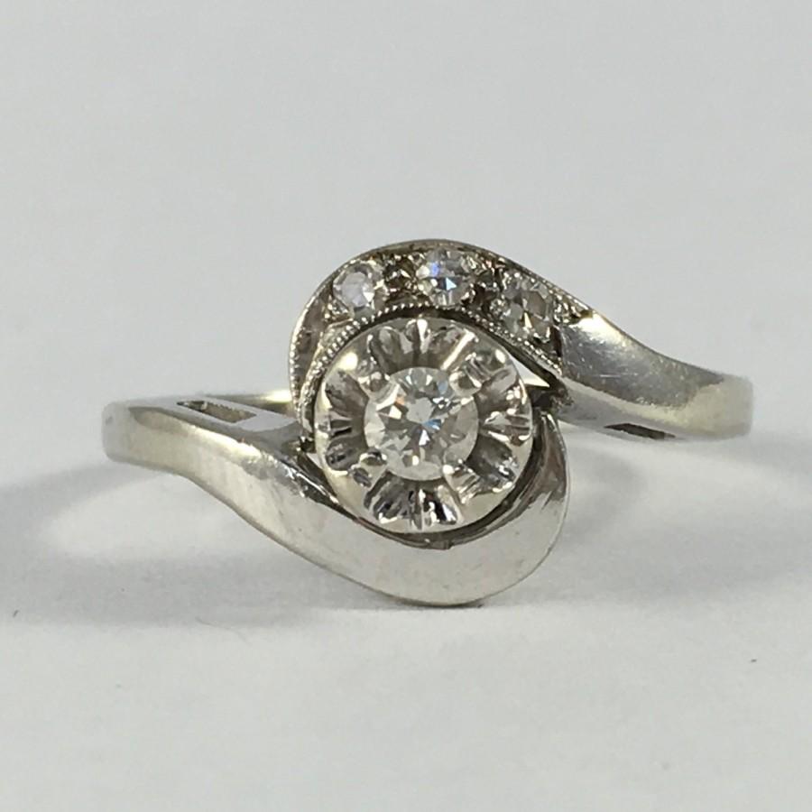 Wedding - Vintage Diamond Cluster Ring in 14K White Gold. Art Nouveau Setting. Unique Engagement Ring. April Birthstone. 10 Year Anniversary Gift.