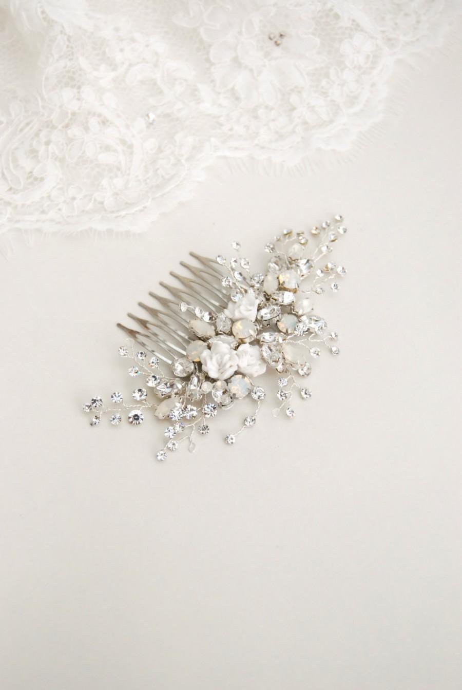 Wedding - Jeweled hair comb, wedding crystal hair piece, bridal hair brooch, white and opal hair comb, beaded hairpiece - Aurore