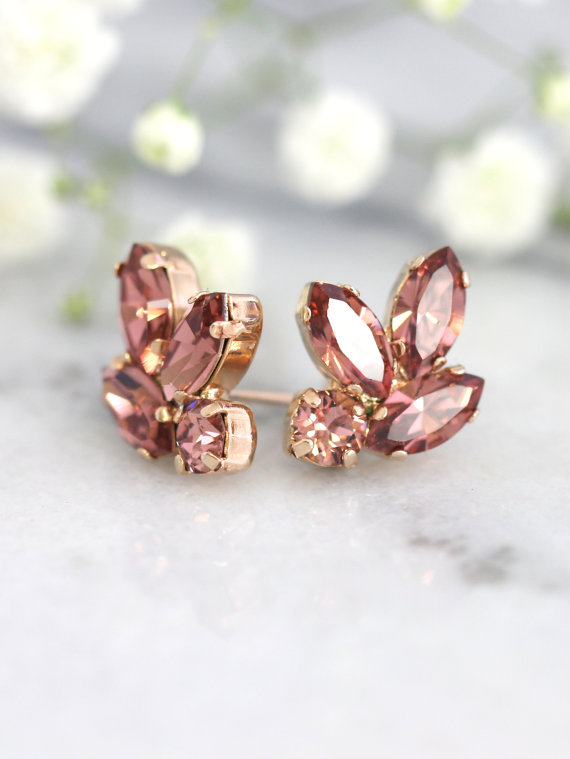 Свадьба - Blush Bridal Earrings, Bridesmaids Blush Earrings, Swarovski Pink blush Earrings,Blush Earrings, Bridal Blush Cluster Crystal Studs Earrings