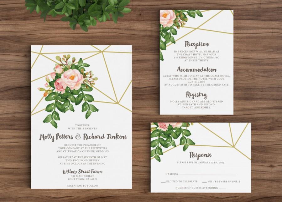 Hochzeit - Wedding Invitation Template Rustic Bohemian Floral - Geometric, Gold, Watercolor, Diamonds Vintage Spring Flower Modern Printable DIY (1110)