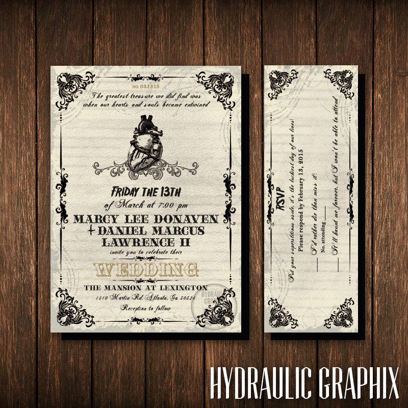 Wedding - Friday the 13th Wedding Invitation and RSVP Ticket, Gothic Wedding Invite, Wedding Invitation with Anatomical Heart, Horror Theme Invite