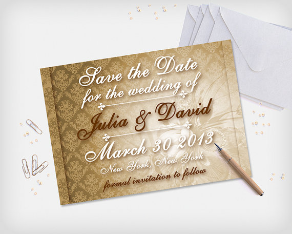 زفاف - Printable Save the Date Card, Wedding Date Announcement Rustic Damask Card with Flower, 5x7" - Digital File, DIY Print