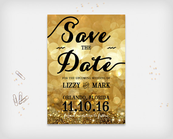 زفاف - Printable Save the Date Card, Wedding Date Announcement Card, Sparkle Bokeh Gold Colored, 5x7" - Digital File, DIY Print