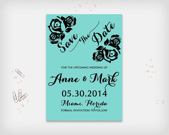 Mariage - Printable Save the Date Card, Wedding Date Announcement Card, Turquoise with Black Rose Design, 5x7" - Digital File, DIY Print