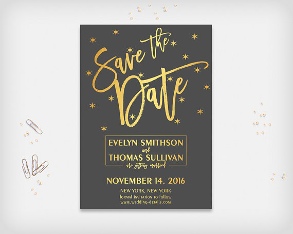 Mariage - Printable Save the Date Card, Wedding Date Announcement Card, Elegant Graphite and Gold Colored, 5x7" - Digital File, DIY Print