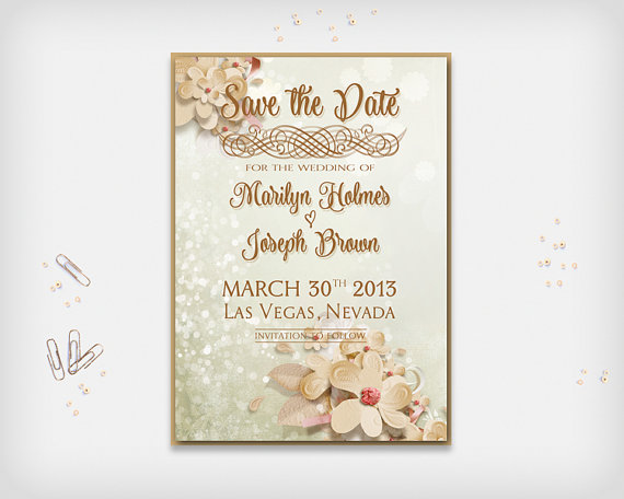 Wedding - Printable Save the Date Card, Wedding Date Announcement Card, Brown Vintage Spring Flowers Card with Flower, 5x7" - Digital File, DIY Print