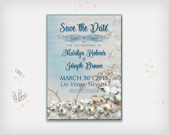 Wedding - Printable Save the Date Card, Wedding Date Announcement Card, Blue Vintage Spring Flowers Card with Flower, 5x7" - Digital File, DIY Print