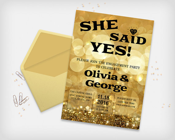 زفاف - Printable Engagement Party Invitation Card, She Said Yes! - Sparkle Bokeh Gold Colored, 5x7" - Digital File, DIY Print
