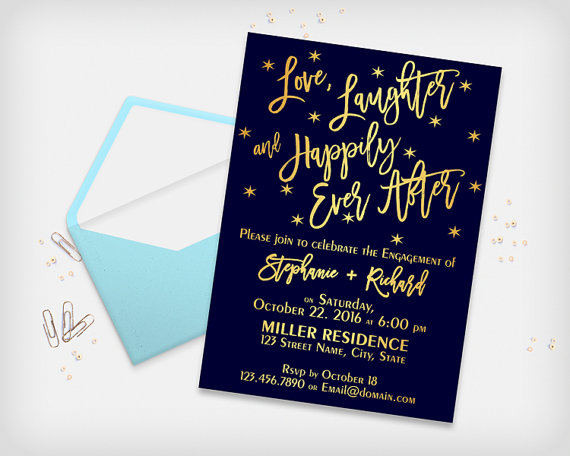 زفاف - Engagement Party Invitation Card, Love Laughter and Happily Ever After - Elegant Navy Blue & Gold, 5x7" - Digital File, DIY Print
