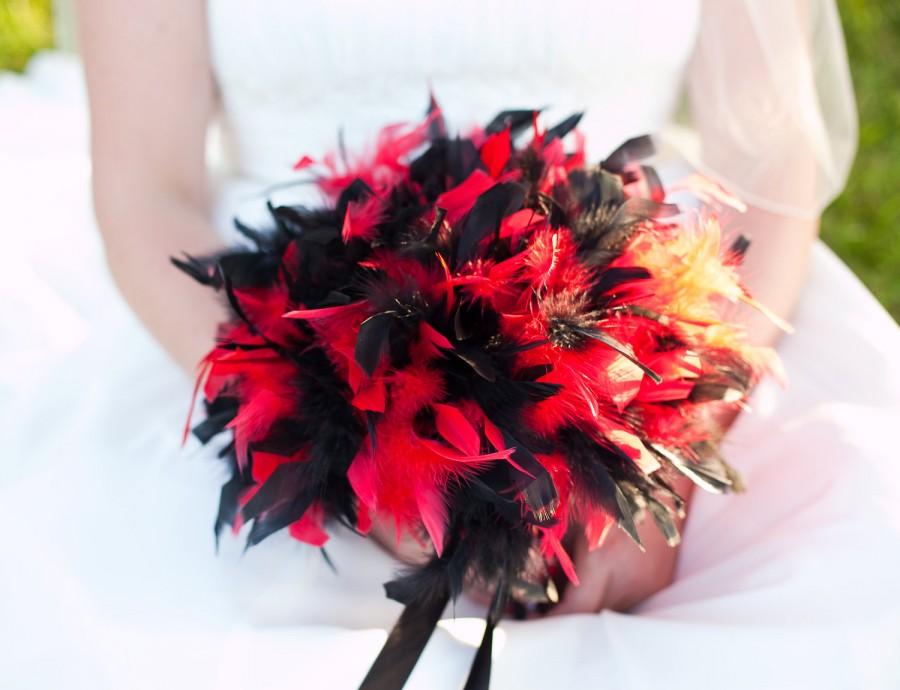 Hochzeit - DRAMATIC RED and BLACK Ostrich & Chandelle Feather Bridal Bouquet - Large Full Feathers Crystal Accents Bride Bouquets Custom Wedding Colors