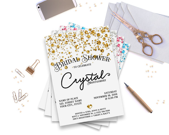 Wedding - Bridal Shower Invitation Card, Confetti Glitters: Gold, Silver, Pink or Blue, 5x7" - Digital File, DIY Print