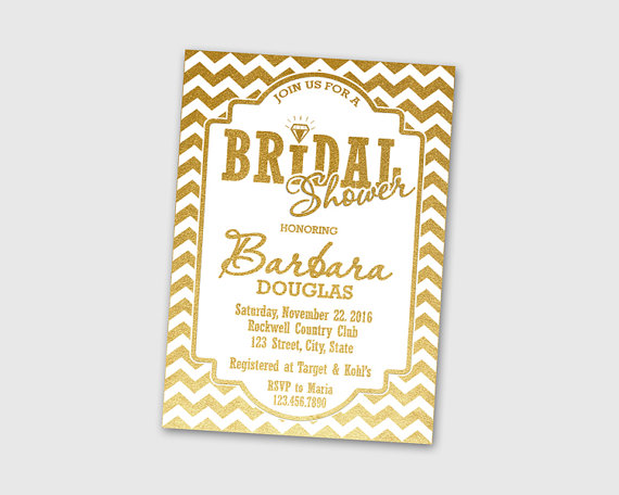 Wedding - Bridal Shower Invitation Card, Gold & White Chevron Design, 5x7" - Digital File, DIY Print