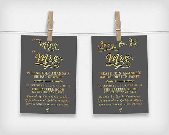 Wedding - Bridal Shower Invitation Card, - From Miss to Mrs - Soon to be Mrs - Graphite and Gold, 5x7" - Digital File, DIY Print