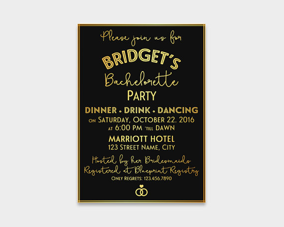Свадьба - Bachelorette Party Invitation Card, Elegant Black & Gold, 5x7" - Digital File, DIY Print