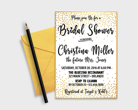 Wedding - Bridal Shower Invitation Card, Gold Confetti, 5x7" - Digital File, DIY Print