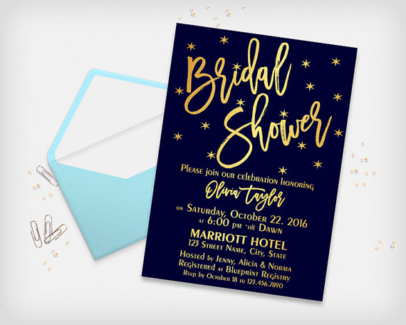 Hochzeit - Bridal Shower Invitation Card, Elegant Navy Blue & Gold, 5x7" - Digital File, DIY Print