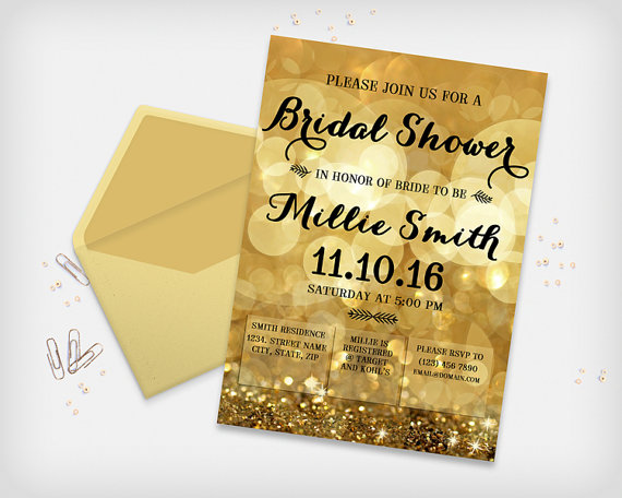 زفاف - Bridal Shower Invitation Card, Sparkle Bokeh Gold Colored, 5x7" - Digital File, DIY Print