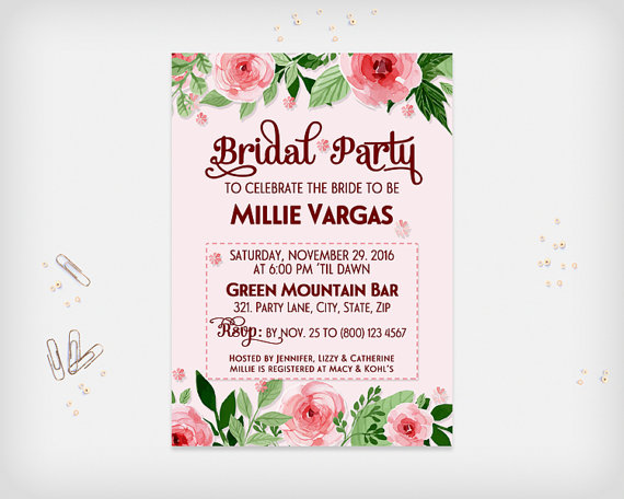 زفاف - Bridal Party / Bridal Shower Invitation Card, Pink Flowers Design, 5x7" - Digital File, DIY Print