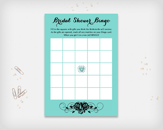 Wedding - Bridal Shower Bingo Game Card, Turquoise with Black Rose Design, 7x5" - Digital File, DIY Print - Instant Download