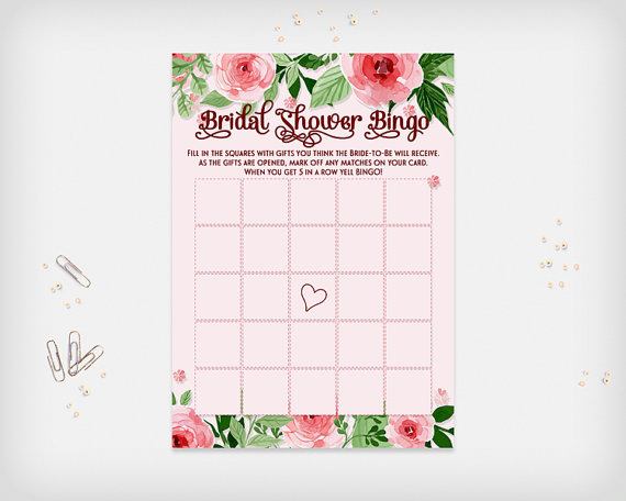 Wedding - Bridal Shower Bingo Game Card, Pink Flowers Design, 7x5" - Digital File, DIY Print - Instant Download