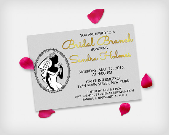Mariage - Bridal Brunch / Bridal Shower Invitation Card, Bride Silhouette Silver & Gold, 5x7" - Digital File, DIY Print