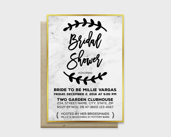 Mariage - Modern Marble Bridal Shower Invitation Card, Marble Background with Gold or Silver Edge, 5x7" - Digital File, DIY Print