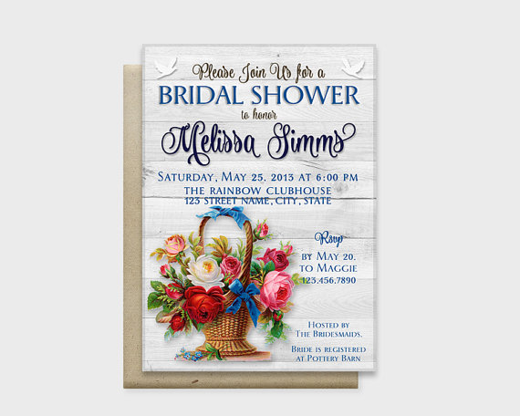 زفاف - Rustic Chic Bridal Shower Invitation Card, Wood Background with Stylish Flowers, Blue, 5x7" - Digital File, DIY Print