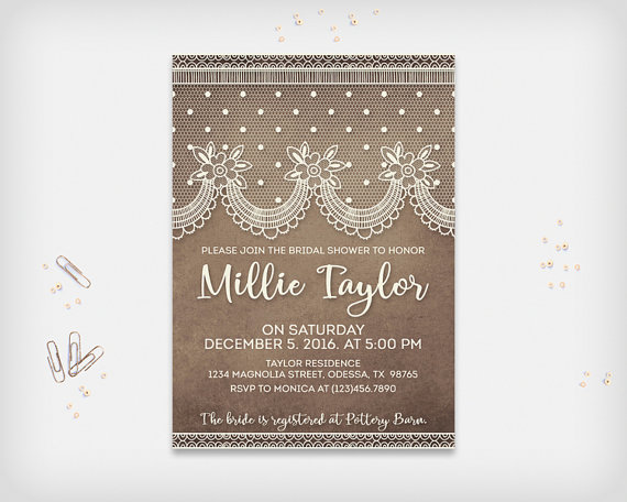 Hochzeit - Vintage Lace Bridal Shower Invitation Card, Vintage Dark Brown with Cream Lace, 5x7" - Digital File, DIY Print