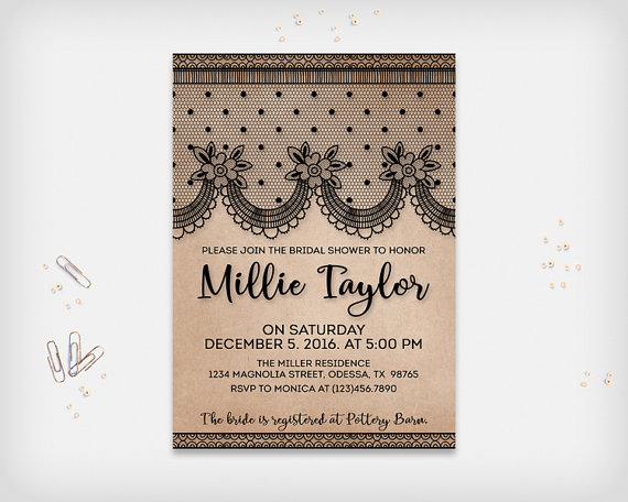 Wedding - Vintage Lace Bridal Shower Invitation Card, Vintage Light Brown with Black Lace, 5x7" - Digital File, DIY Print
