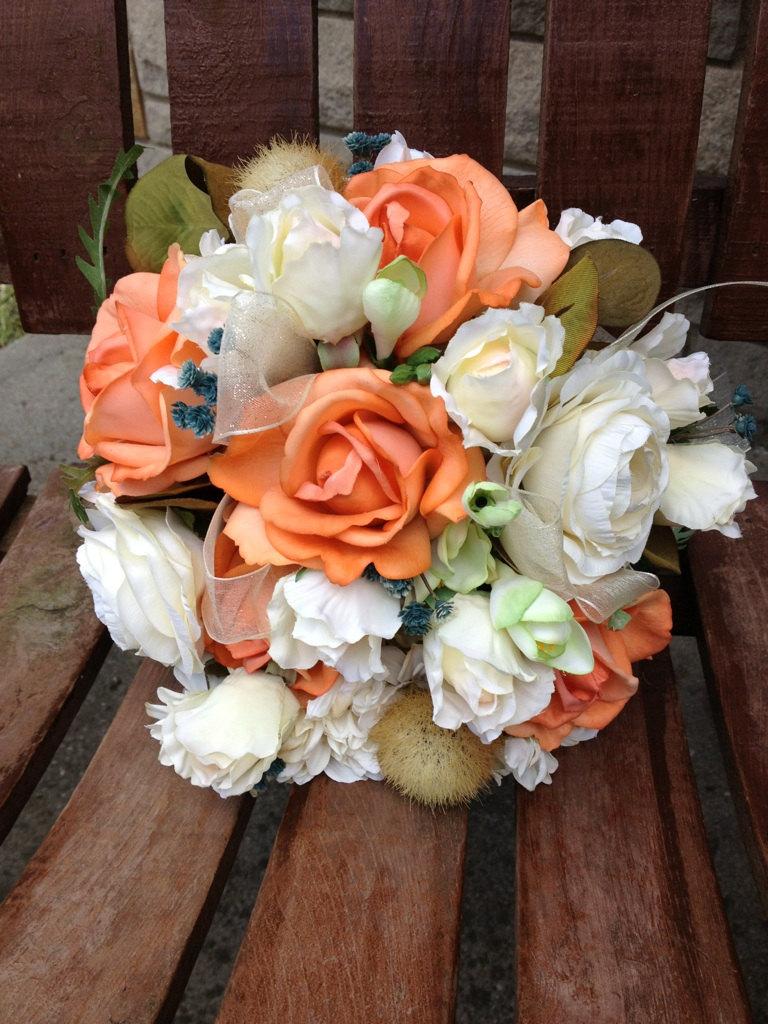 Hochzeit - Coral Ivory and Teal Blue Real Touch Silk Bridal Bouquet / Grooms Boutonniere / Silk Wedding Flowers / Ivory Bridal Bouquet